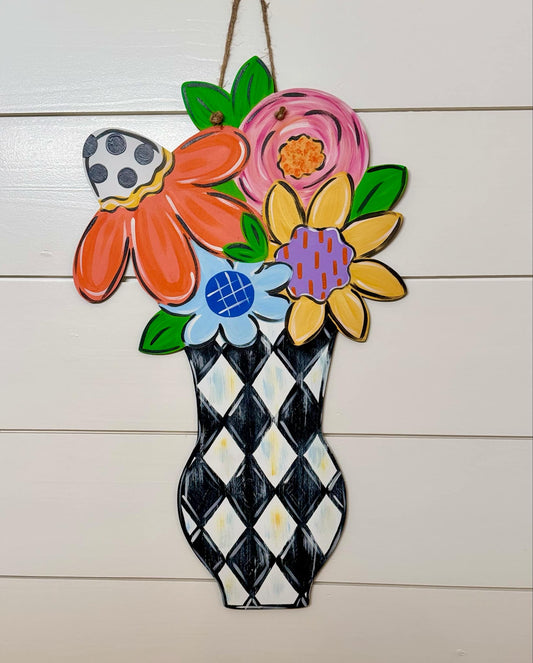 Checkered Vase of Colorful Flowers